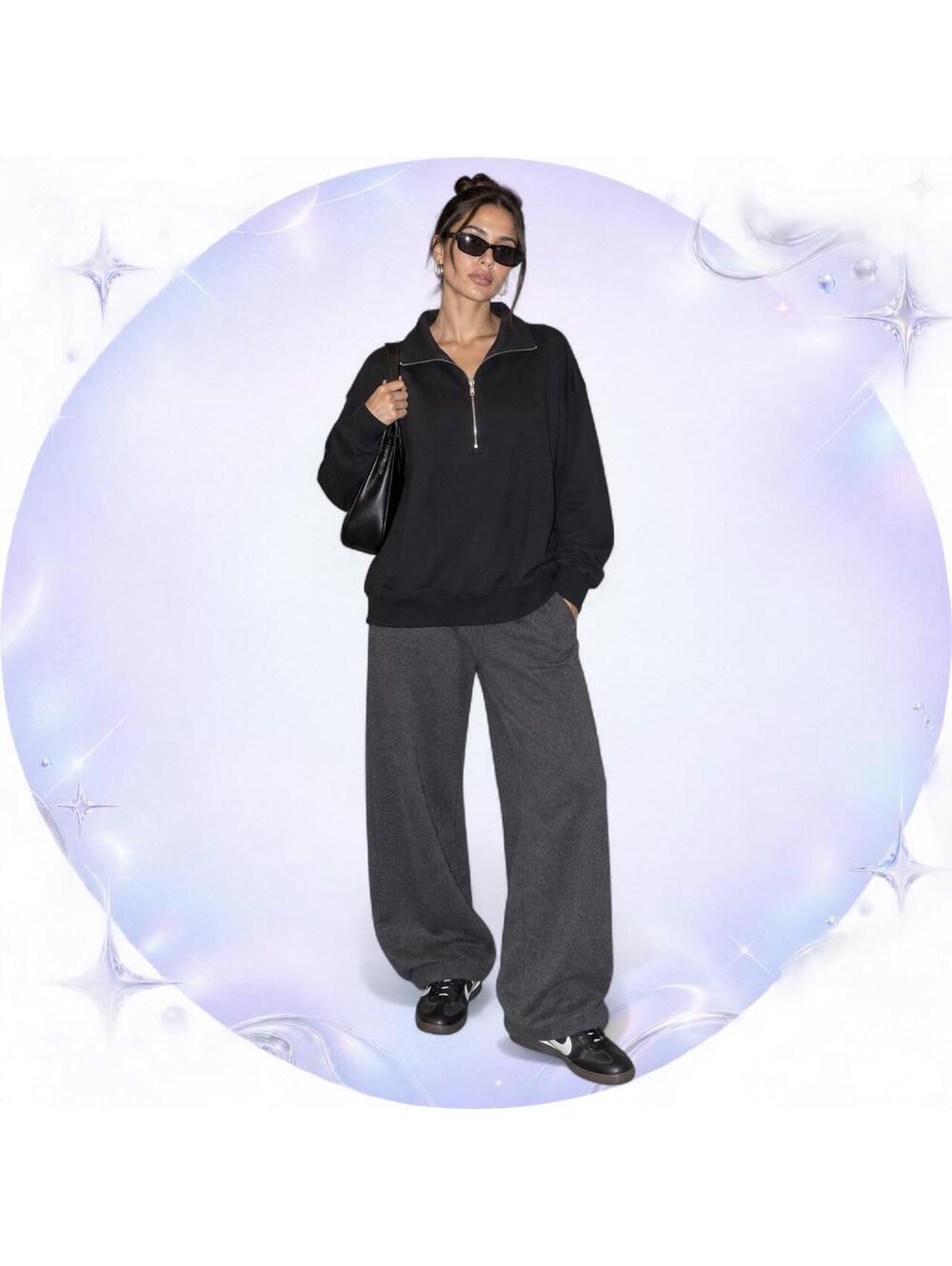 Black Oversized Half-Zip Funnel Neck Pullover Size Large